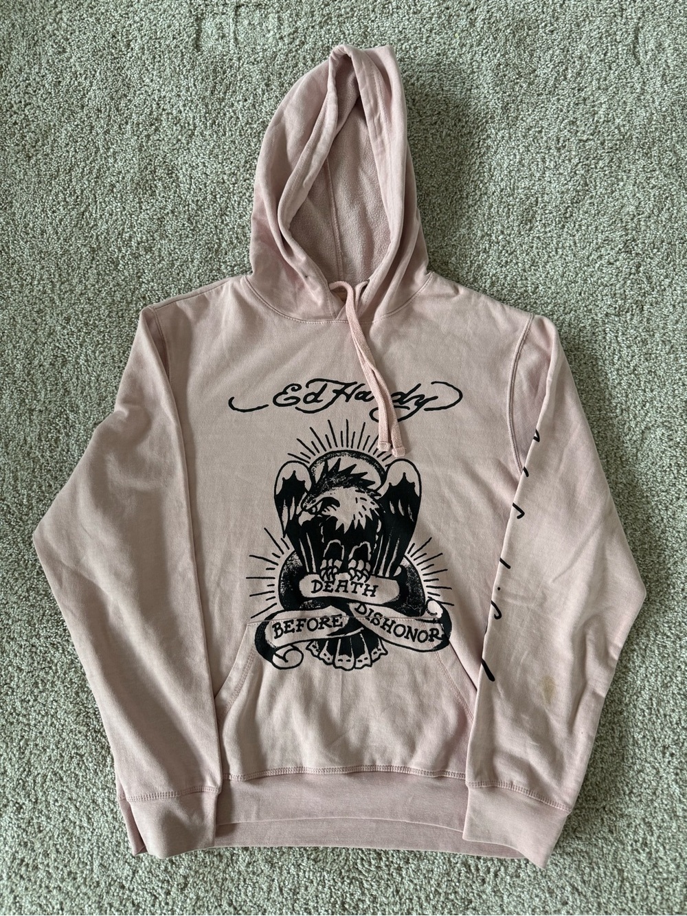 Ed Hardy Light Pink Logo Hoodie with Black Patch SZ M